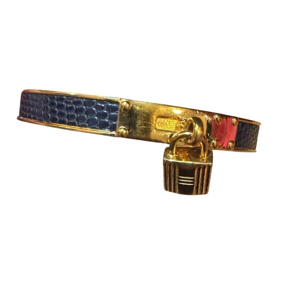 Hermes Kelly Padlock Blue Exotic Leather and Gold Plated Bangle Bracelet 7.5" - Picture 1 of 5